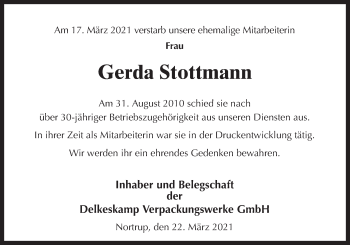Traueranzeige von Gerda Stottmann von Neue Osnabrücker Zeitung GmbH & Co. KG