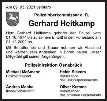 Traueranzeige von Gerhard Heitkamp von Neue Osnabrücker Zeitung GmbH & Co. KG