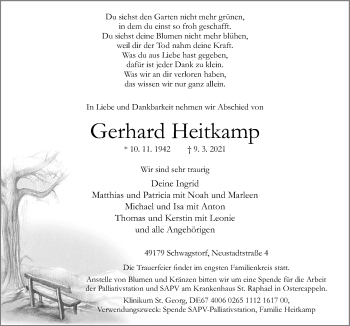 Traueranzeige von Gerhard Heitkamp von Neue Osnabrücker Zeitung GmbH & Co. KG