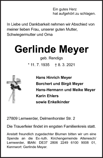 Traueranzeige von Gerlinde Meyer von Neue Osnabrücker Zeitung GmbH & Co. KG