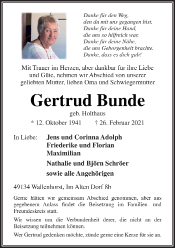 Traueranzeige von Gertrud Bunde von Neue Osnabrücker Zeitung GmbH & Co. KG