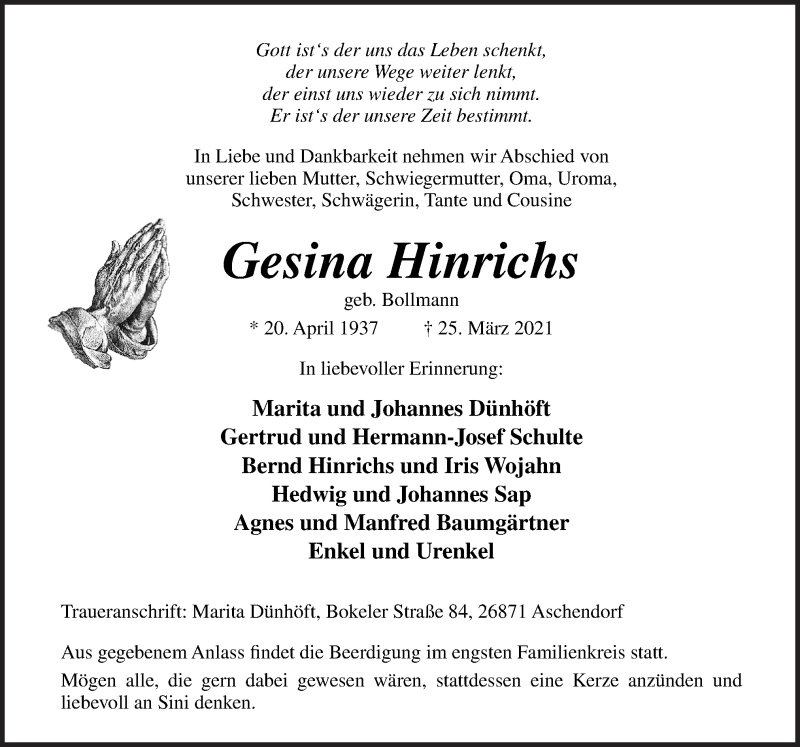  Traueranzeige für Gesina Hinrichs vom 27.03.2021 aus Neue Osnabrücker Zeitung GmbH & Co. KG