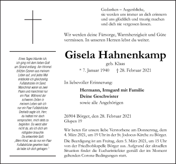 Traueranzeige von Gisela Hahnenkamp von Neue Osnabrücker Zeitung GmbH & Co. KG