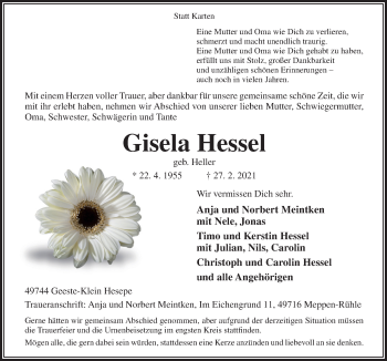 Traueranzeige von Gisela Hessel von Neue Osnabrücker Zeitung GmbH & Co. KG