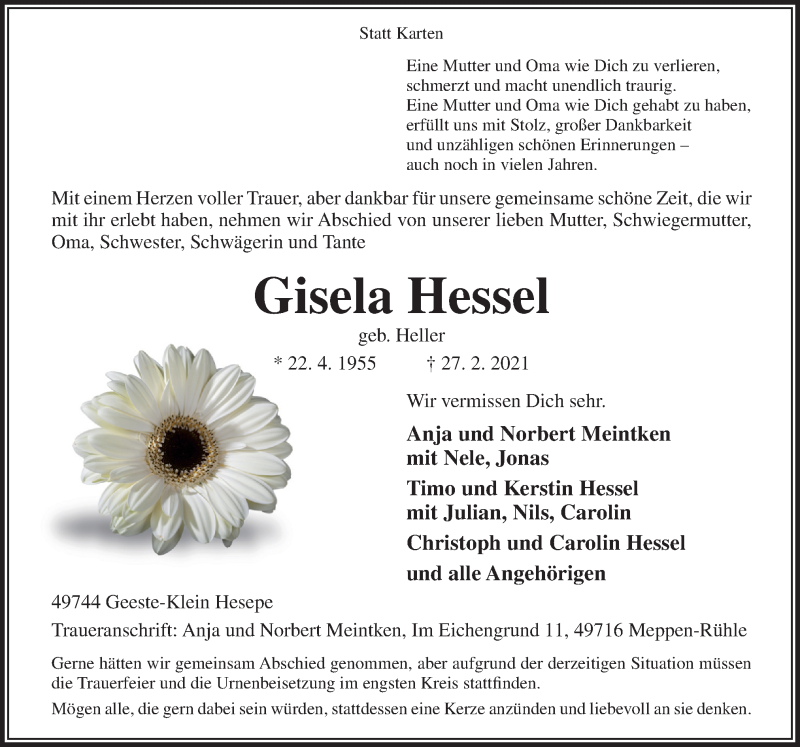  Traueranzeige für Gisela Hessel vom 02.03.2021 aus Neue Osnabrücker Zeitung GmbH & Co. KG