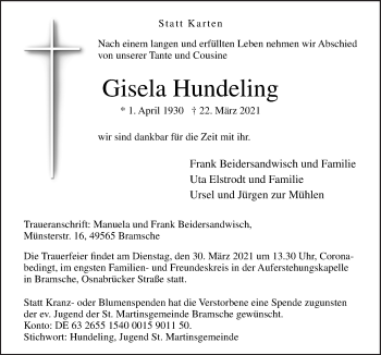 Traueranzeige von Gisela Hundeling von Neue Osnabrücker Zeitung GmbH & Co. KG
