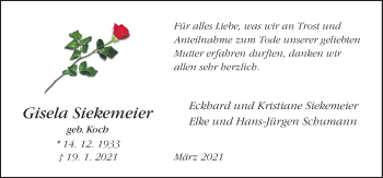 Traueranzeige von Gisela Siekemeier von Neue Osnabrücker Zeitung GmbH & Co. KG