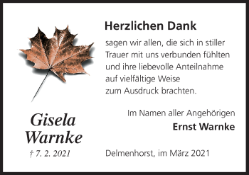 Traueranzeige von Gisela Warnke von Neue Osnabrücker Zeitung GmbH & Co. KG