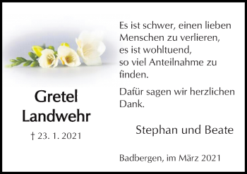 Traueranzeige von Gretel Landwehr von Neue Osnabrücker Zeitung GmbH & Co. KG