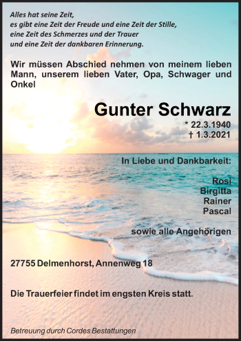 Traueranzeige von Gunter Schwarz von Neue Osnabrücker Zeitung GmbH & Co. KG