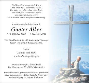 Traueranzeige von Günter Alker von Neue Osnabrücker Zeitung GmbH & Co. KG