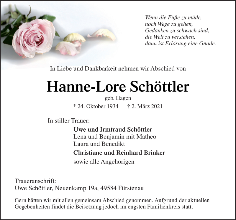  Traueranzeige für Hanne-Lore Schöttler vom 06.03.2021 aus Neue Osnabrücker Zeitung GmbH & Co. KG