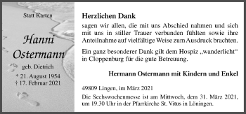 Traueranzeige von Hanni Ostermann von Neue Osnabrücker Zeitung GmbH & Co. KG