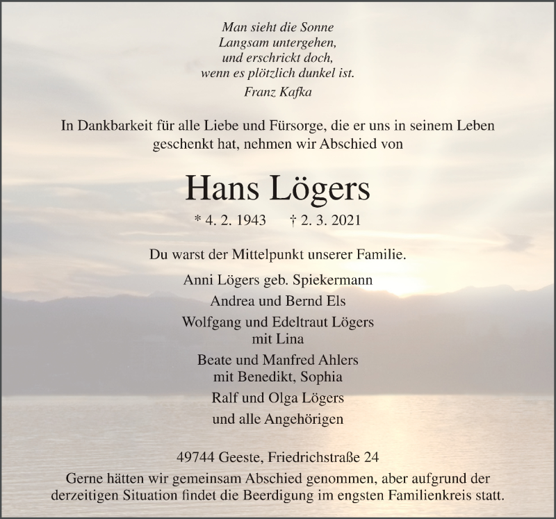  Traueranzeige für Hans Lögers vom 05.03.2021 aus Neue Osnabrücker Zeitung GmbH & Co. KG