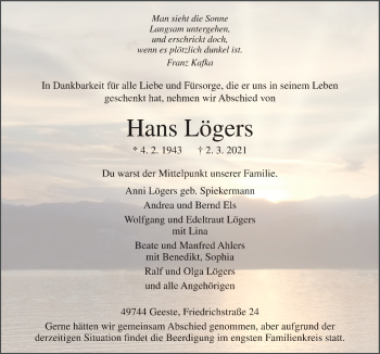 Traueranzeige von Hans Lögers von Neue Osnabrücker Zeitung GmbH & Co. KG