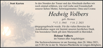 Traueranzeige von Hedwig Volbers von Neue Osnabrücker Zeitung GmbH & Co. KG