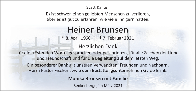  Traueranzeige für Heiner Brunsen vom 20.03.2021 aus Neue Osnabrücker Zeitung GmbH & Co. KG