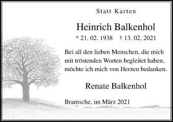 Traueranzeige von Heinrich Balkenhol von Neue Osnabrücker Zeitung GmbH & Co. KG