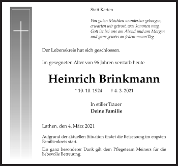 Traueranzeige von Heinrich Brinkmann von Neue Osnabrücker Zeitung GmbH & Co. KG