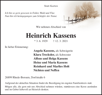 Traueranzeige von Heinrich Kassens von Neue Osnabrücker Zeitung GmbH & Co. KG