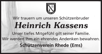 Traueranzeige von Heinrich Kassens von Neue Osnabrücker Zeitung GmbH & Co. KG