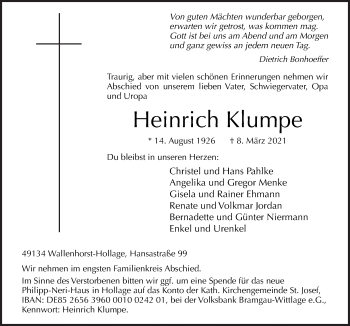 Traueranzeige von Heinrich Klumpe von Neue Osnabrücker Zeitung GmbH & Co. KG