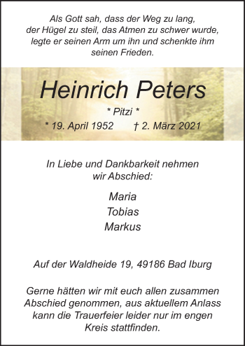 Traueranzeige von Heinrich Peters von Neue Osnabrücker Zeitung GmbH & Co. KG