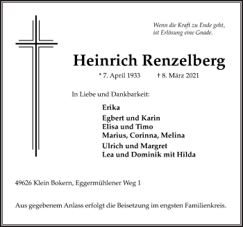 Traueranzeige von Heinrich Renzelberg von Neue Osnabrücker Zeitung GmbH & Co. KG