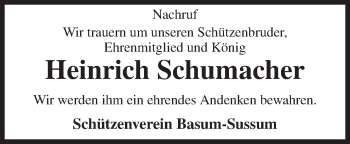 Traueranzeige von Heinrich Schumacher von Neue Osnabrücker Zeitung GmbH & Co. KG