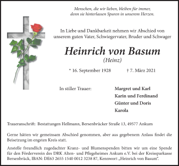 Traueranzeige von Heinrich von Basum von Neue Osnabrücker Zeitung GmbH & Co. KG