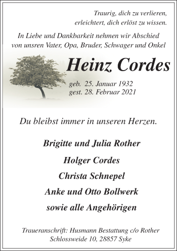 Traueranzeige von Heinz Cordes von Neue Osnabrücker Zeitung GmbH & Co. KG