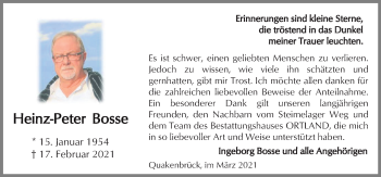 Traueranzeige von Heinz-Peter Bosse von Neue Osnabrücker Zeitung GmbH & Co. KG