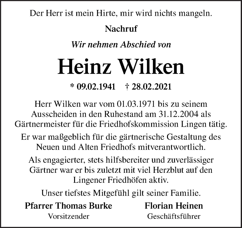  Traueranzeige für Heinz Wilken vom 06.03.2021 aus Neue Osnabrücker Zeitung GmbH & Co. KG