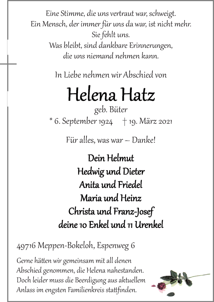  Traueranzeige für Helena Hatz vom 22.03.2021 aus Neue Osnabrücker Zeitung GmbH & Co. KG