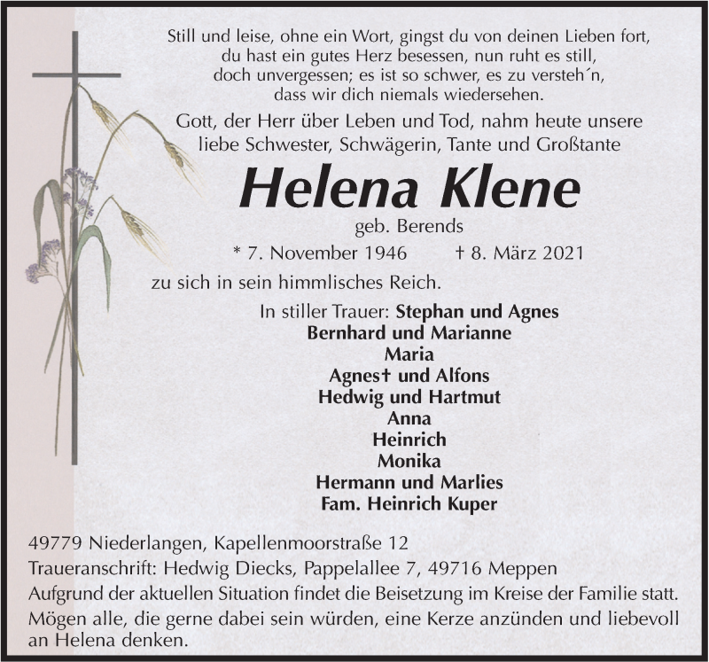  Traueranzeige für Helena Klene vom 12.03.2021 aus Neue Osnabrücker Zeitung GmbH & Co. KG