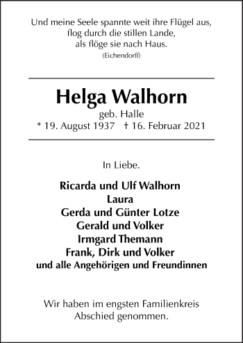 Traueranzeige von Helga Walhorn von Neue Osnabrücker Zeitung GmbH & Co. KG