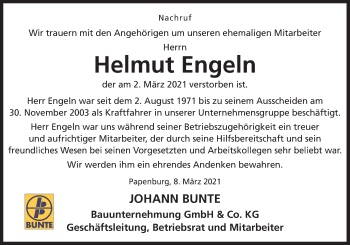 Traueranzeige von Helmut Engeln von Neue Osnabrücker Zeitung GmbH & Co. KG