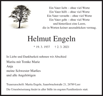 Traueranzeige von Helmut Engeln von Neue Osnabrücker Zeitung GmbH & Co. KG