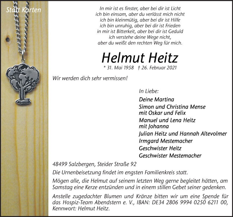  Traueranzeige für Helmut Heitz vom 03.03.2021 aus Neue Osnabrücker Zeitung GmbH & Co. KG