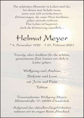 Traueranzeige von Helmut Meyer von Neue Osnabrücker Zeitung GmbH & Co. KG