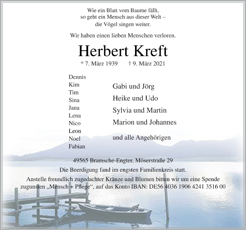  Traueranzeige für Herbert Kreft vom 15.03.2021 aus Neue Osnabrücker Zeitung GmbH & Co. KG