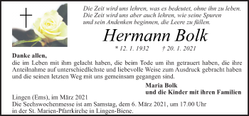Traueranzeige von Hermann Bolk von Neue Osnabrücker Zeitung GmbH & Co. KG
