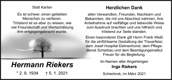 Traueranzeige von Hermann Riekers von Neue Osnabrücker Zeitung GmbH & Co. KG