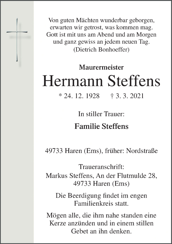 Traueranzeigen von Hermann Steffens | noz Trauerportal