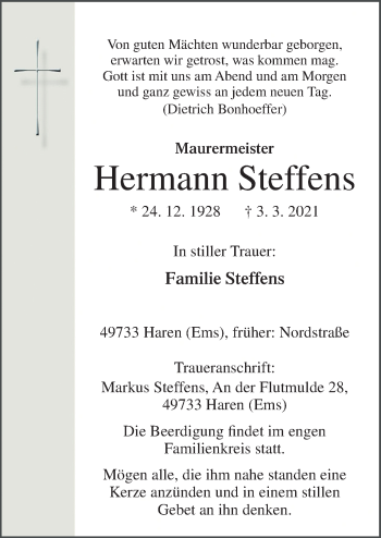 Traueranzeige von Hermann Steffens von Neue Osnabrücker Zeitung GmbH & Co. KG
