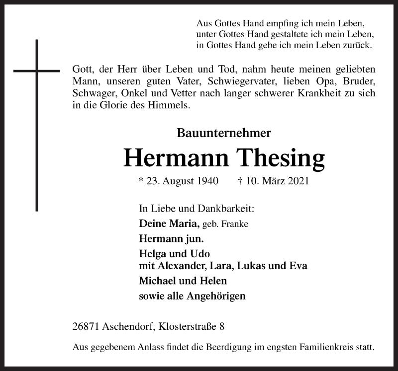  Traueranzeige für Hermann Thesing vom 13.03.2021 aus Neue Osnabrücker Zeitung GmbH & Co. KG