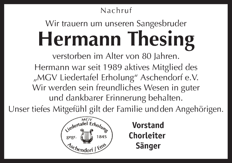  Traueranzeige für Hermann Thesing vom 16.03.2021 aus Neue Osnabrücker Zeitung GmbH & Co. KG