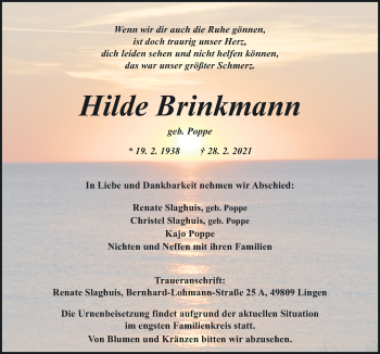 Traueranzeige von Hilde Brinkmann von Neue Osnabrücker Zeitung GmbH & Co. KG