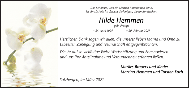  Traueranzeige für Hilde Hemmen vom 13.03.2021 aus Neue Osnabrücker Zeitung GmbH & Co. KG