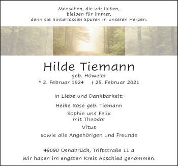 Traueranzeige von Hilde Tiemann von Neue Osnabrücker Zeitung GmbH & Co. KG